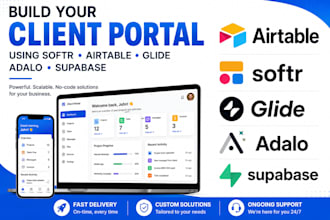 build airtable softr, glide, adalo glide app client portal supabase database bug