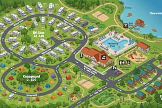 design detailed rv park map, campground map, resort map and visitor guide