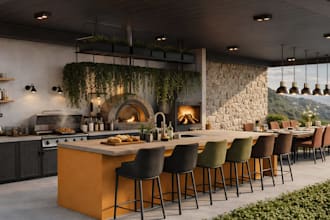 design realistic 3d outdoor kitchen, patio and outdoor living spaces