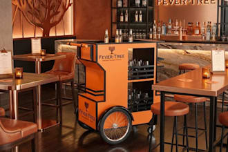 style3d mobile bar cart,brand activation design, airport bar render,bottle label