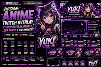 design anime twitch overlay, vtuber overlay, banner, logo,panels stream packs