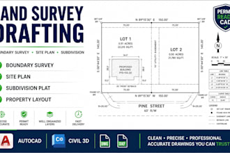 draft land survey boundary survey, subdivision and site plan in autocad civil 3d