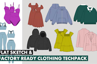 create production ready fashion tech pack with flat sketch