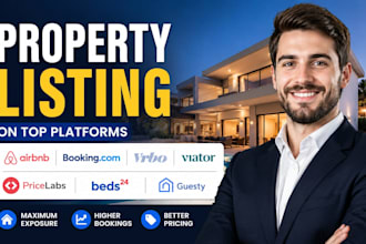 property listing on airbnb , booking com, vrbo, viator, pricelab, beds24, guesty