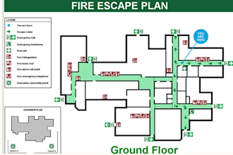 design fire evacuation pla, emergency exit, safety plan, floor plan building map