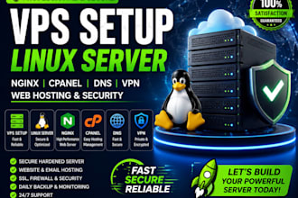 do vps setup linux server, nginx, cpanel, dns, VPN, web hosting and security