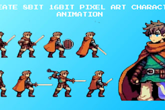 create 8bit 16bit pixel art character animation sprite sheet for 2d games