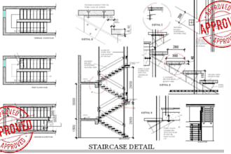 design detailed staircase and handrail shop drawings, steel or wooden staircase