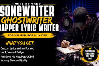 be your songwriter, ghostwriter, rapper lyric writer for hip hop, pop UK drill