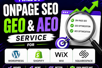 onpage seo geo aeo for service for wordpress, wix squarespace, shopify website