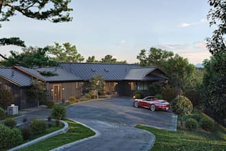 construct residential hilltop,multifamily real estate, backyard patio,cgi render
