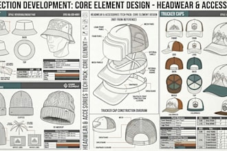 do flat sketch for bucket hat, beanie, trucker cap tech packs with 3d mockup