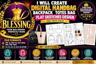 create digital handbag backpack totes bag flat sketches design and tech pack
