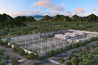 design 3d electrical substation, solar farm, power plant and renewable energy