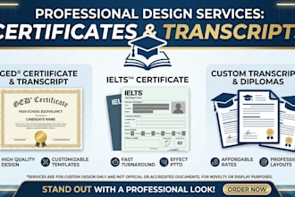 design a professional ged certificate or transcript, create ielts certificate