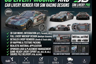 do 3d livery mockup and car livery render for sim racing designs