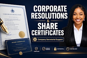 prepare corporate board resolutions, share certificates, and company secretarial