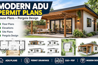 draw modern adu house plans with pergola for building permits
