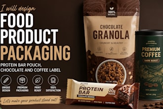 design food product packaging, protein bar pouch, chocolate and coffee label