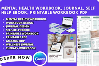 design mental health workbook, journal, self help ebook, printable workbook pdf
