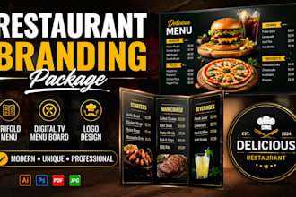 design restaurant trifold menu, logo, and digital TV menu package