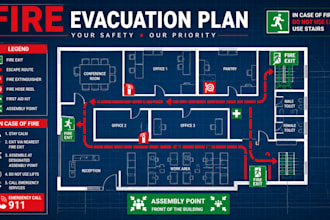 design fire evacuation plan, emergency escape route, and safety egress map