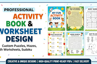 design kids activity book, math worksheets, puzzle book, mazes, sudoku