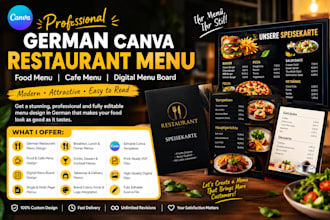 design german canva restaurant menu, food menu, cafe menu, digital menu board