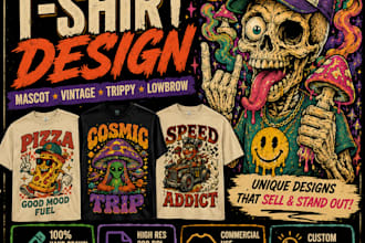 create hand drawn mascot vintage tshirt design, trippy psychedelic retro lowbrow