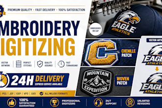 do embroidery digitizing, chenille patch design, woven patch and vector tracing