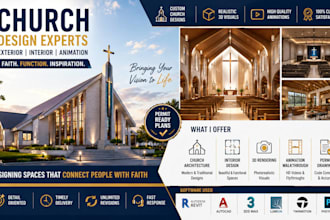 design modern church exterior and interior with 3d visualization