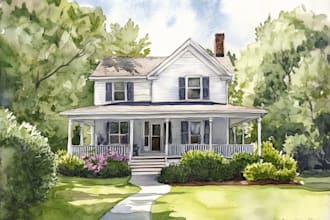 paint custom digital watercolor house, home building