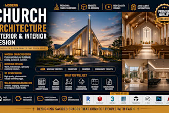 create church exterior and interior design with realistic 3d rendering
