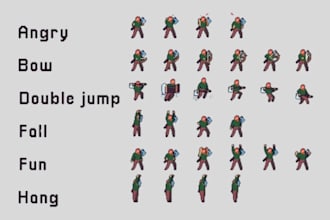 character design, sprite sheet, pixel art, pixel art character, pixel animation