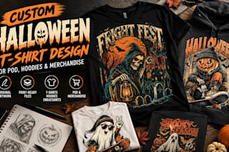 design custom spooky retro halloween skeleton t shirt artwork for pod