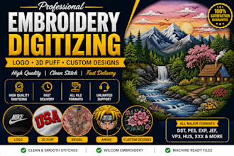 create embroidery digitizing for logo, 3d puff, ethnic wear and anime designs