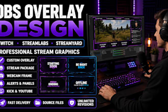 design obs overlay, twitch overlay animated streamlabs and streamyard package