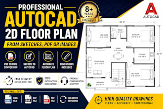 create professional autocad 2d floor plans from sketches PDF or images