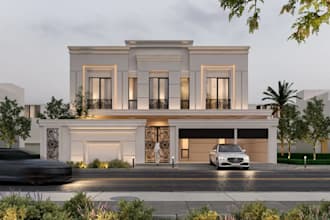 3d neoclassical villa,temple facade,luxury mansion,limestone exterior,art render