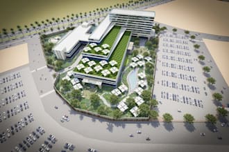 complex hospitality building,healthcare center,master plan,landscape parking lot