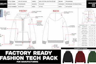 create factory ready hoodie tech pack flat sketch and cad for manufacturing