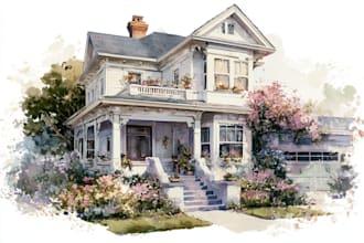 paint custom digital watercolor house, home building portrait illustrations