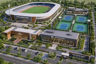 render cgi 3d sports complex stadium yoga gym center, tennis club courts model