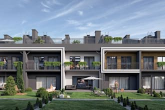develop modern townhouse exterior from 2d sketch, visualize residential complex