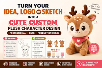 turn your idea, logo or sketch into a cute custom plush character design