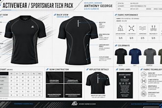 design fashion tech pack, activewear, sportswear and apparel production sheets