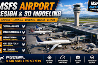 design 3d modelling msfs airport, building, scenery, terminal, layout with lods