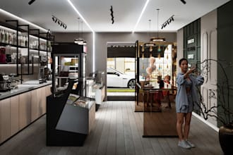 redesign ice cream shop interior, coffee shop floor plan render,retail store cgi