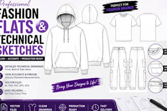draw fashion flats technical sketches and apparel technical drawings