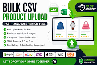 bulk upload CSV product listings to shopify, etsy, ebay, tiktok, wix and temu